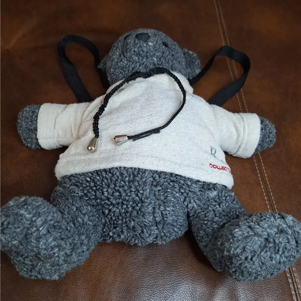 RARE VTG BV Collection Plush Teddy Bear Backpack Dark Gray Cream Hoodie Y2K 18
